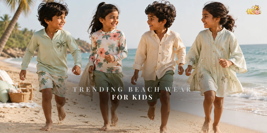 Trending kids beachwear styles for summer including rash guards, linen cover-ups, and coordinated swim sets