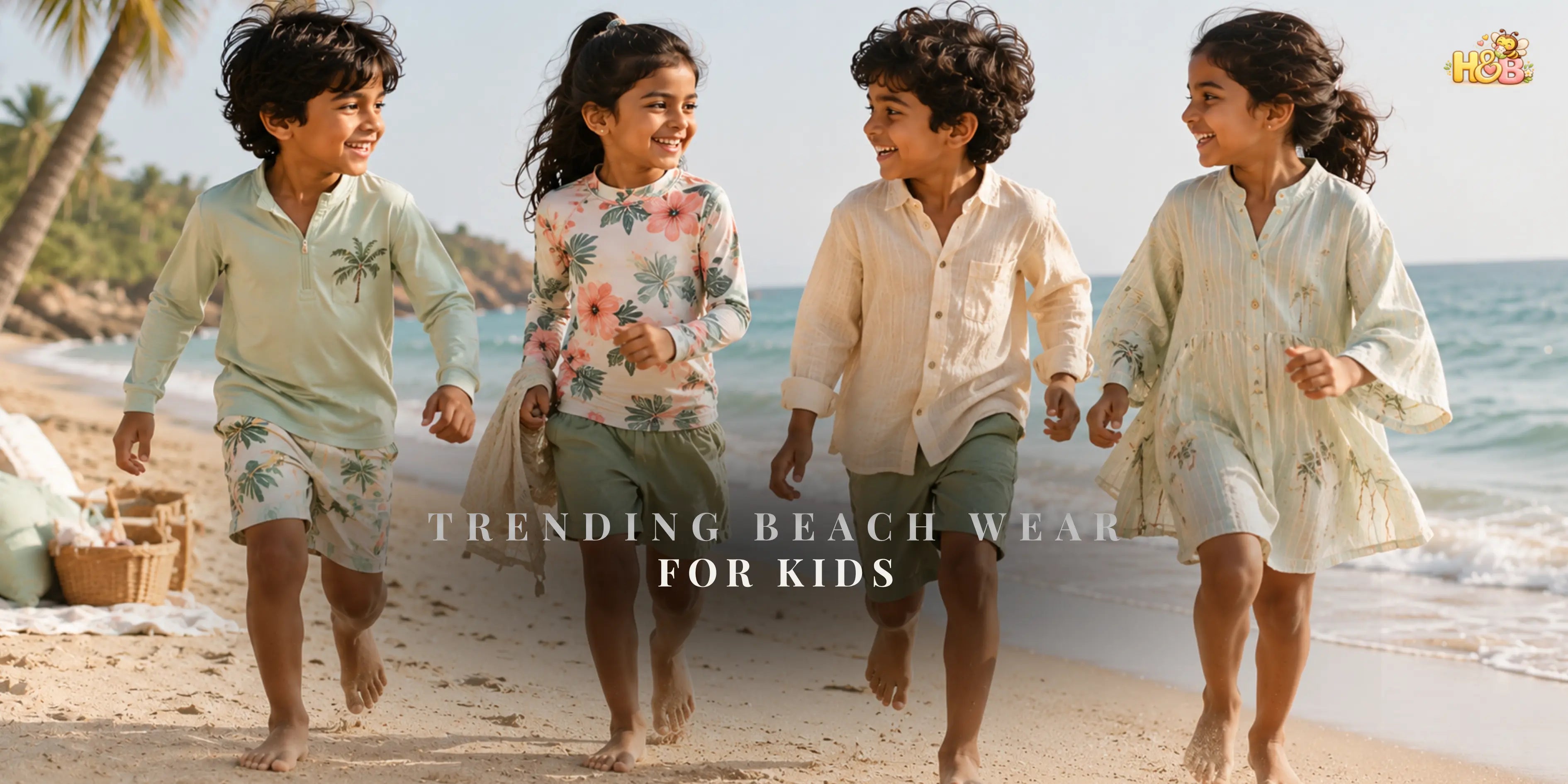 Trending kids beachwear styles for summer including rash guards, linen cover-ups, and coordinated swim sets