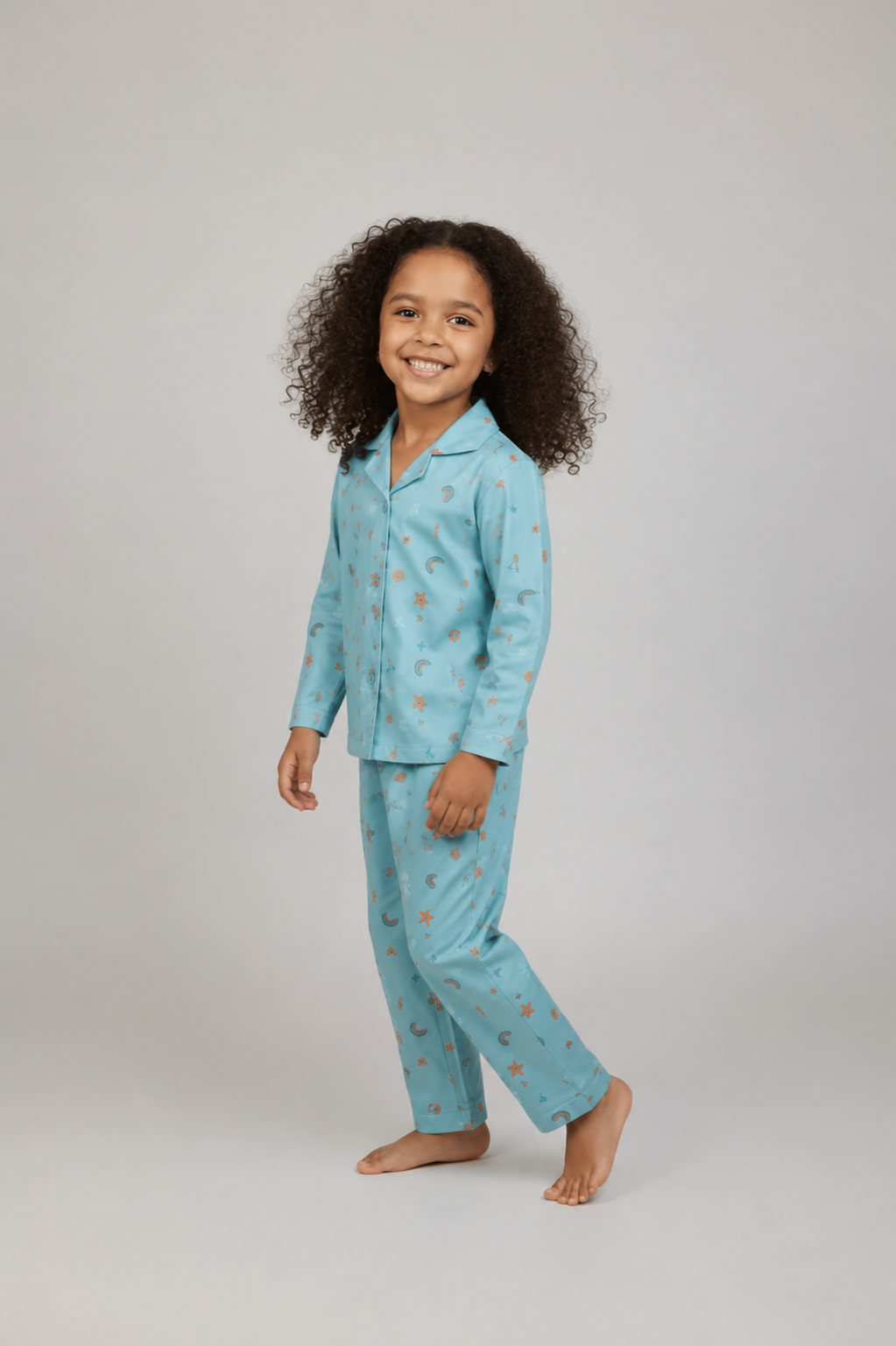 Green Rayon Nightwear Set with Rainbow & Smiley Prints
