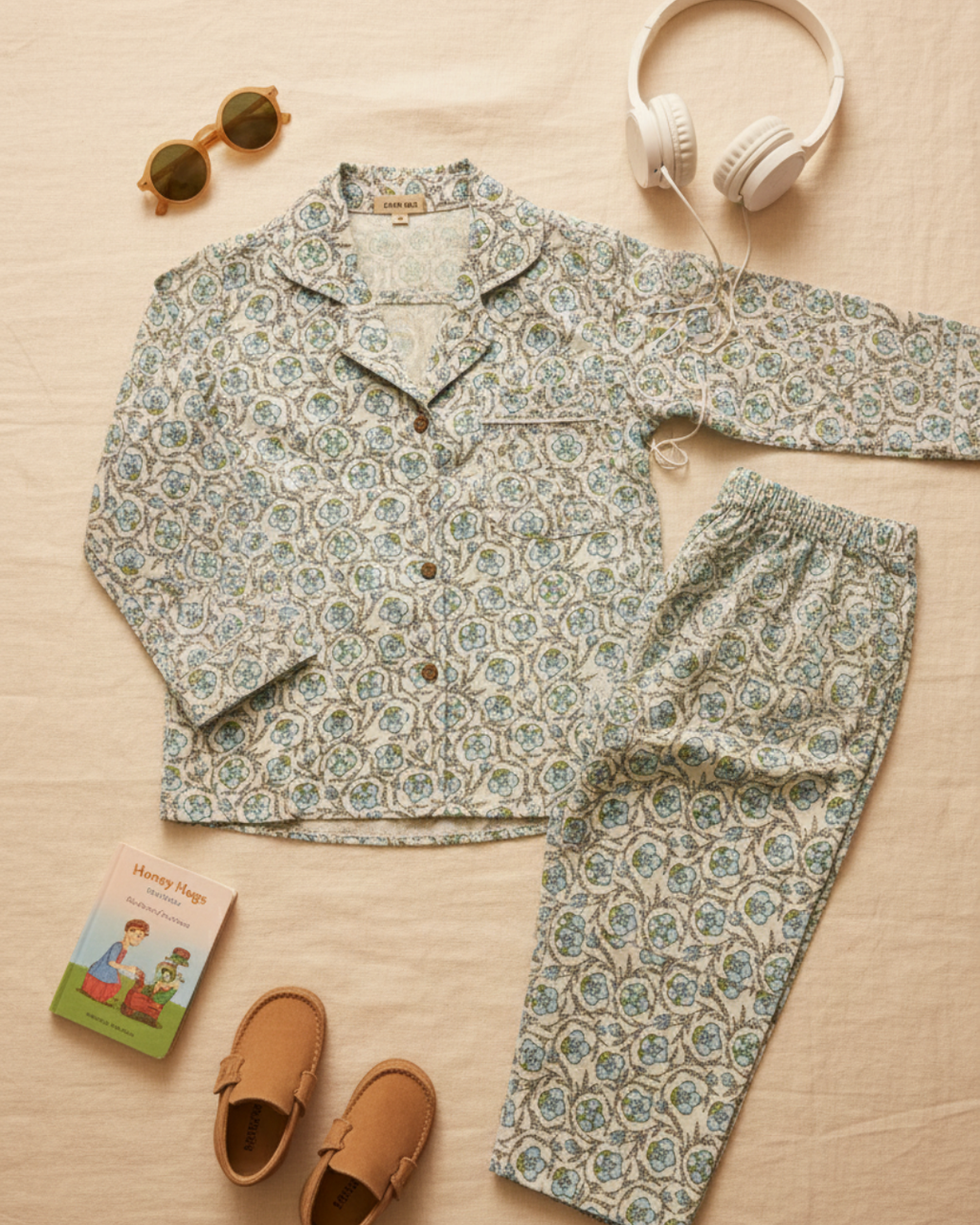 Floral pajama set with slippers, sunglasses, and headphones on a beige surface