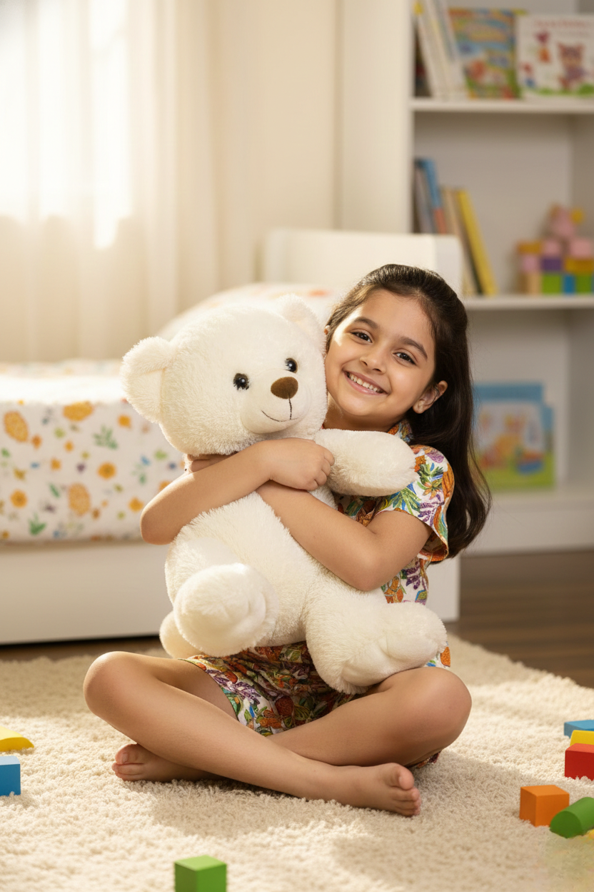 Young girl hugging a large teddy bear in a room with toys and books.