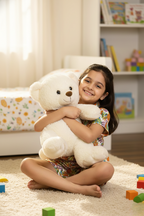 Young girl hugging a large teddy bear in a room with toys and books.