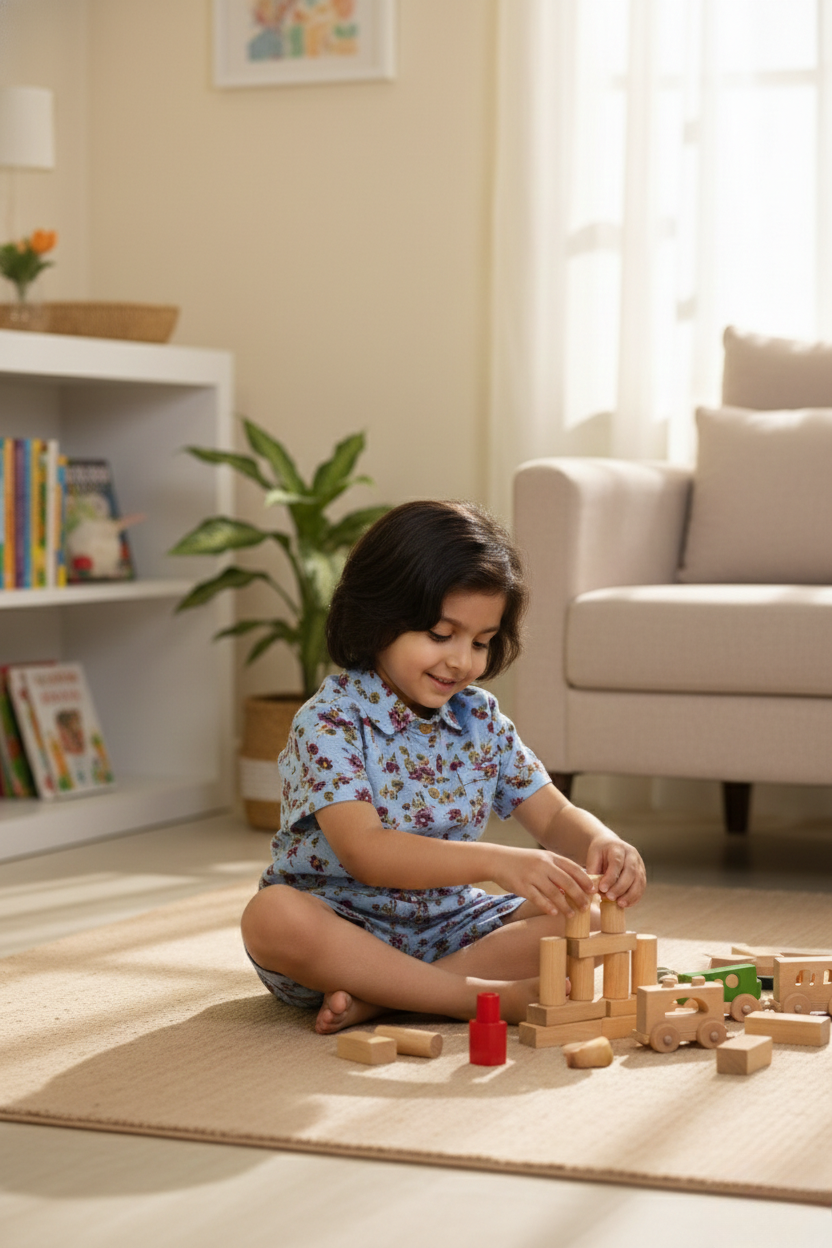 Child playing with wooden blocks on a rug in a living room.