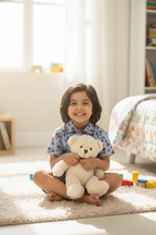 Child sitting on a rug holding a teddy bear in a bright room with toys and books around