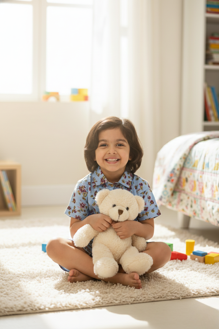 Child sitting on a rug holding a teddy bear in a bright room with toys and books around
