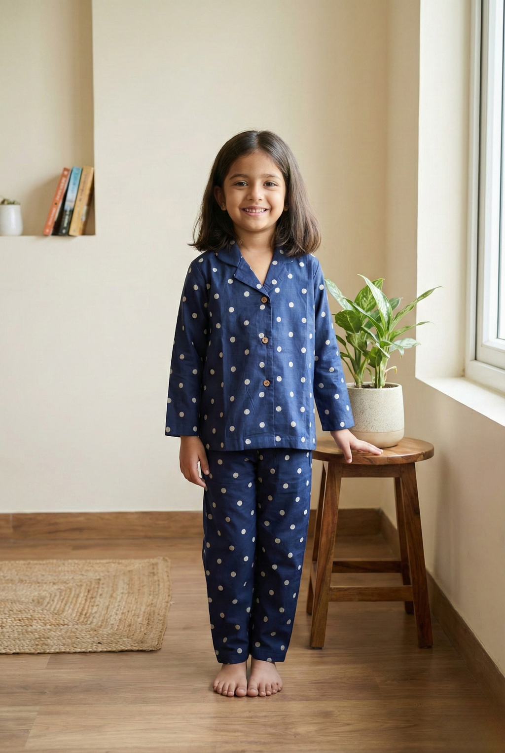 Dot About – Soft Navy Blue Polka Dot Cotton Pajama Set for Kids
