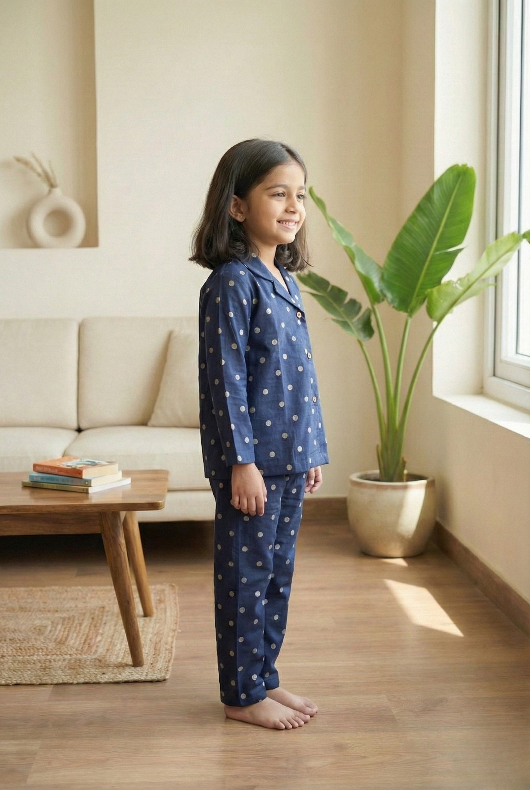 Dot About – Soft Navy Blue Polka Dot Cotton Pajama Set for Kids