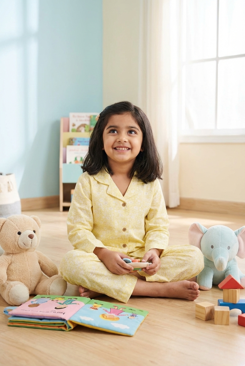 Golden Hour – Soft Yellow Floral Cotton Pajama Set for Kids
