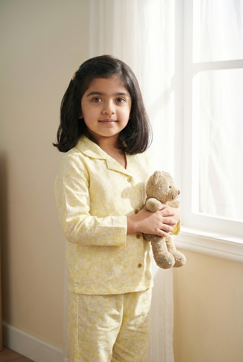 Golden Hour – Soft Yellow Floral Cotton Pajama Set for Kids