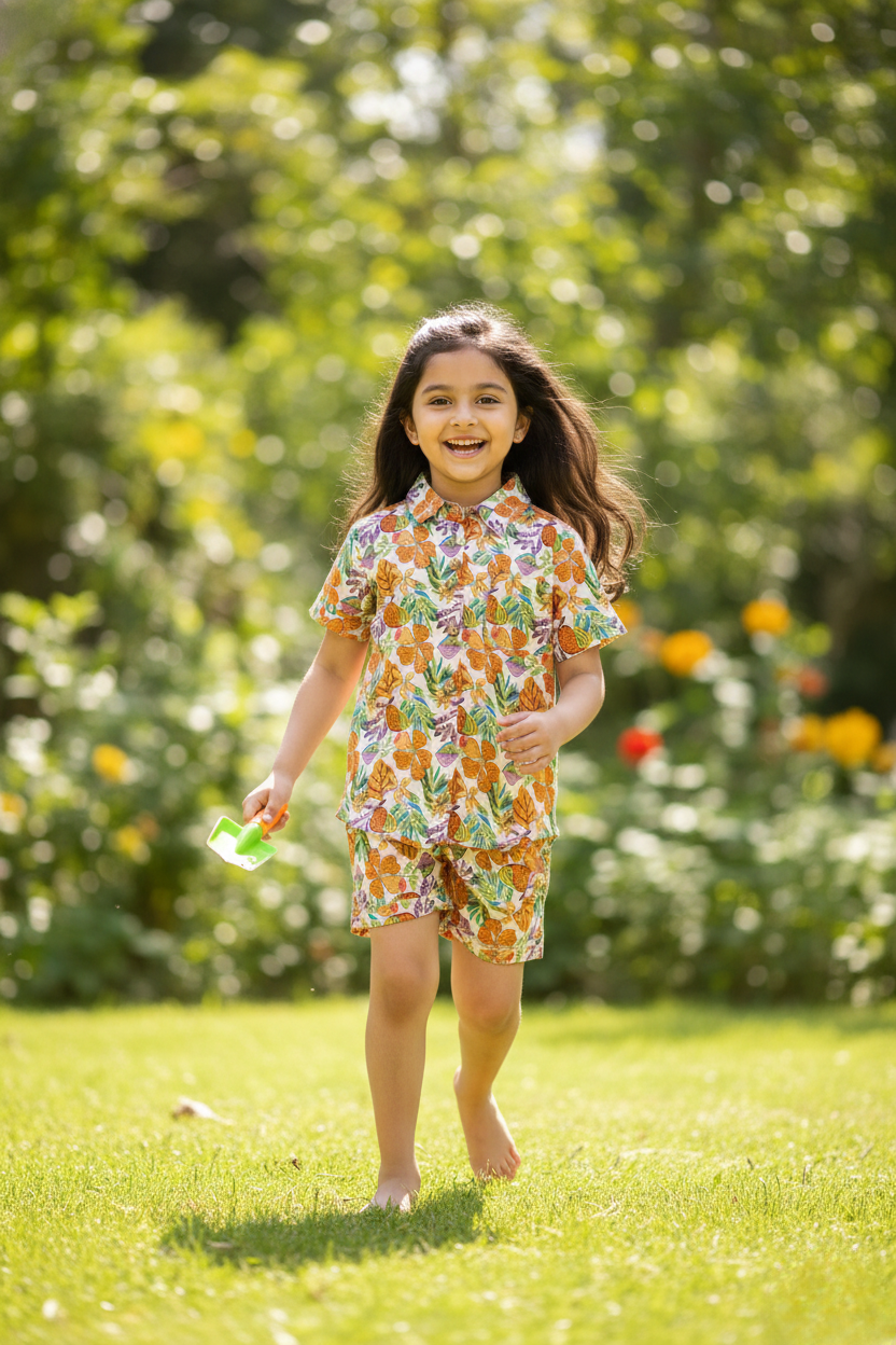 Young girl in a floral outfit standing on grass with a blurred green background
