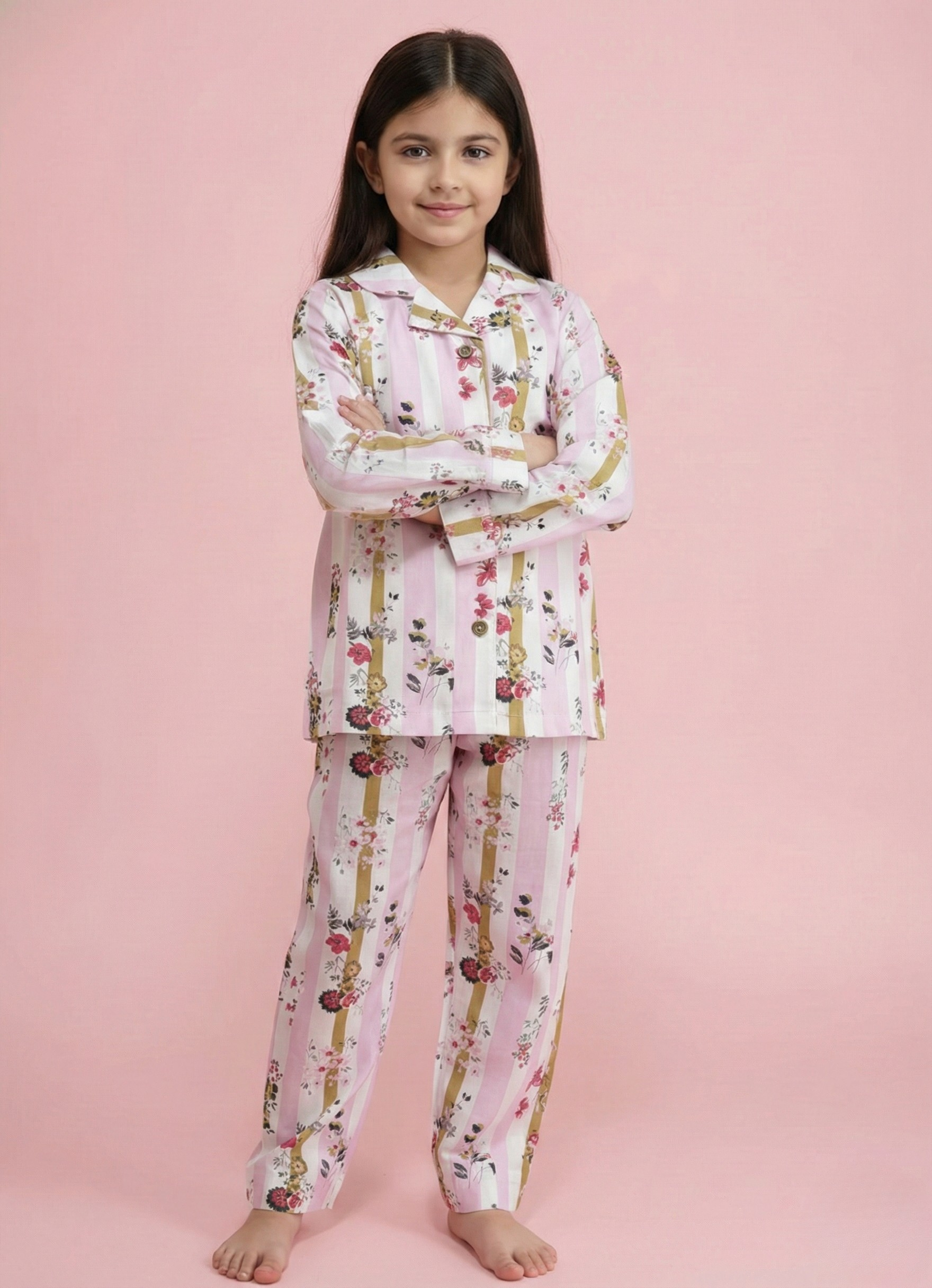 Young girl wearing a floral pajama set on a pink background