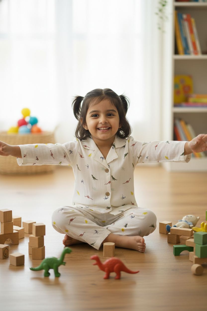 girl wearing honey hugs dinosaur print kids linen outfit playing happily