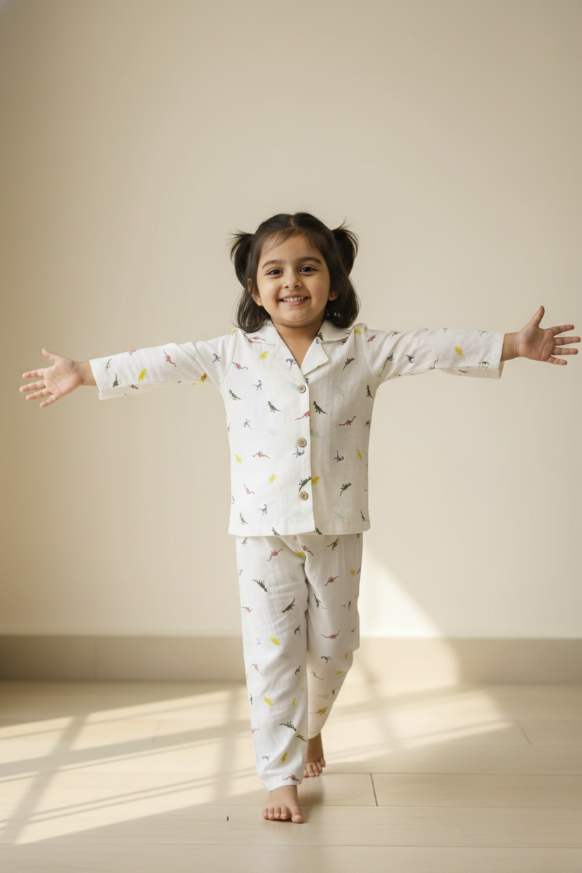 smiling girl in honey hugs kids dino print linen outfit soft and playful