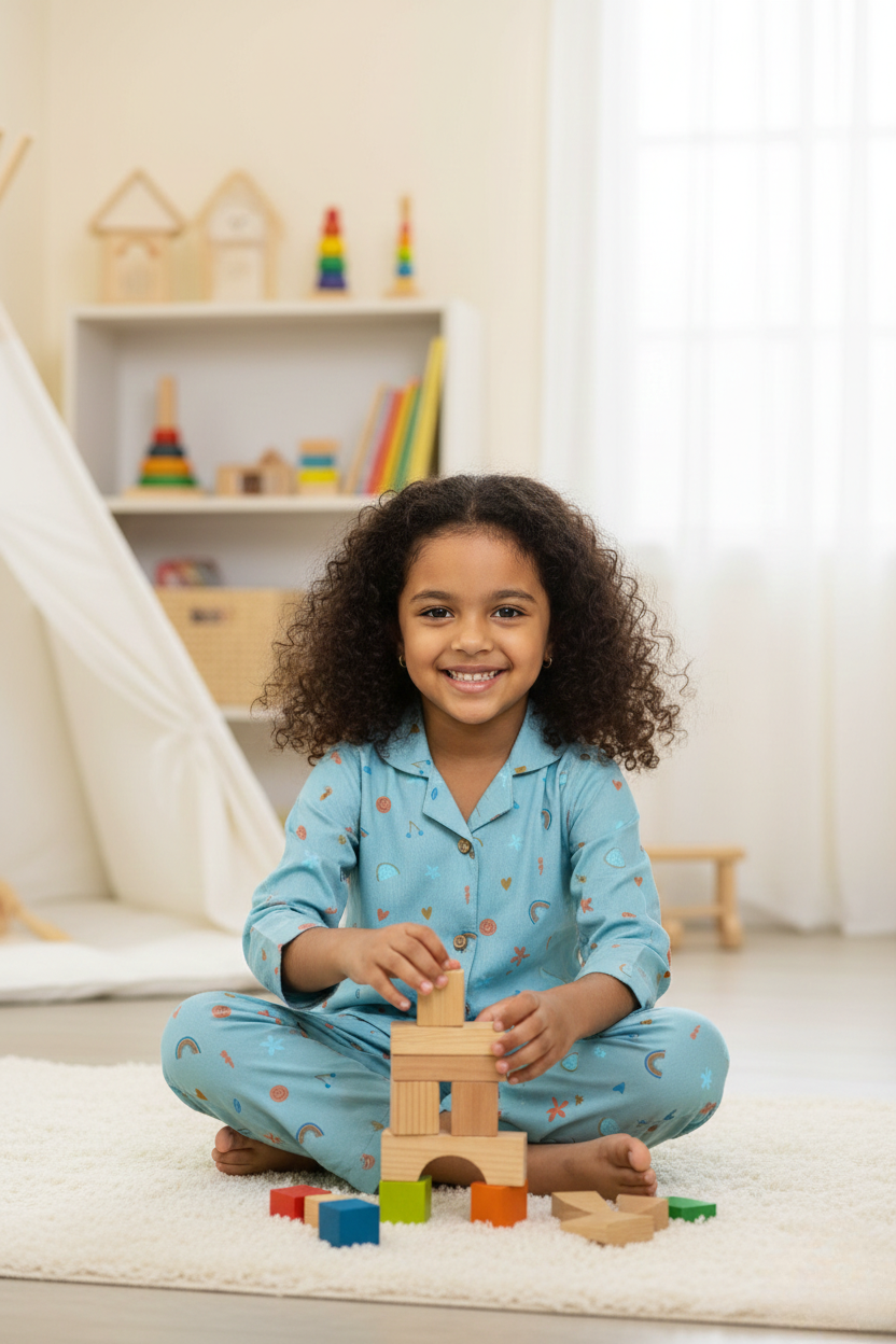 Green Rayon Nightwear Set with Rainbow & Smiley Prints