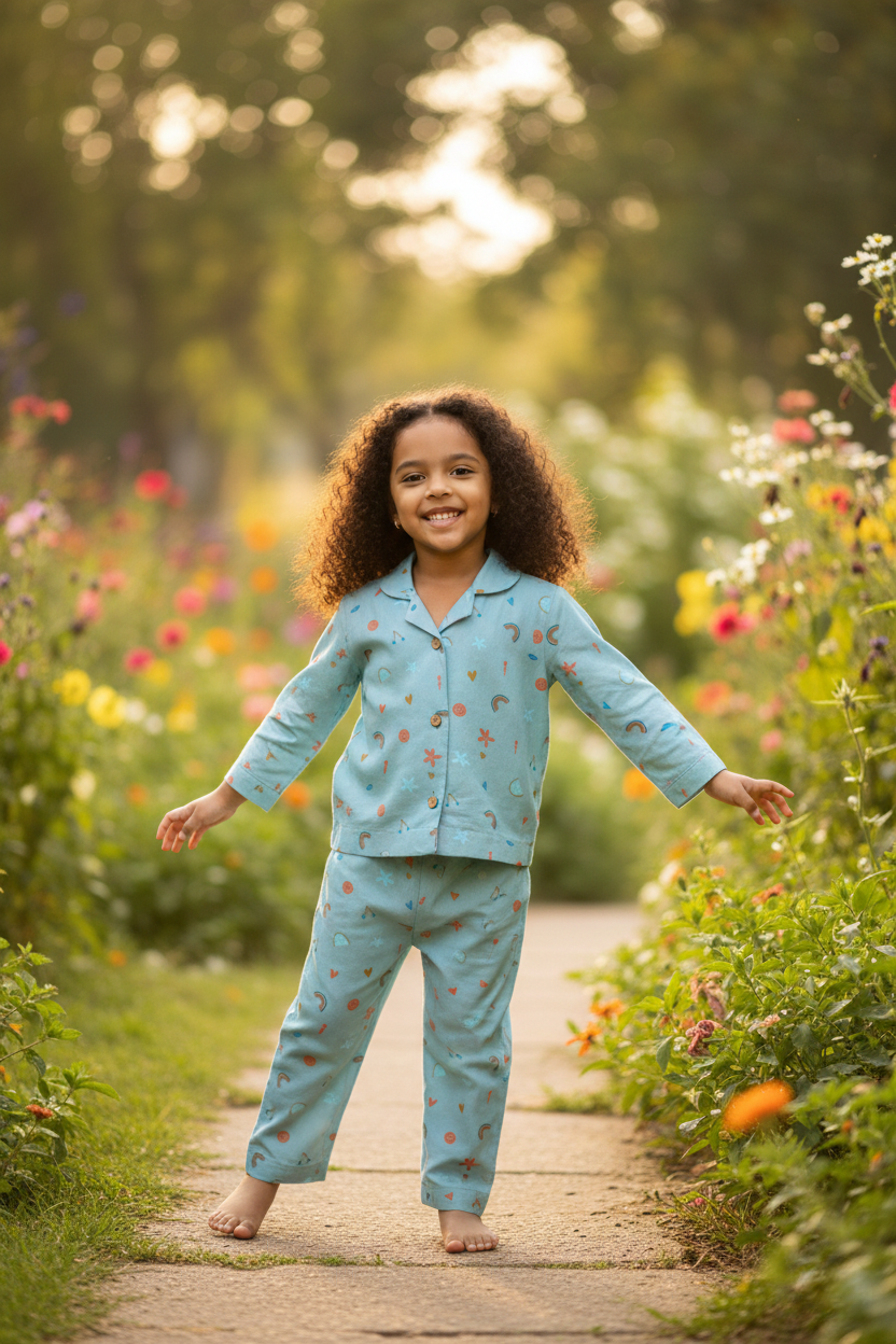 Green Rayon Nightwear Set with Rainbow & Smiley Prints