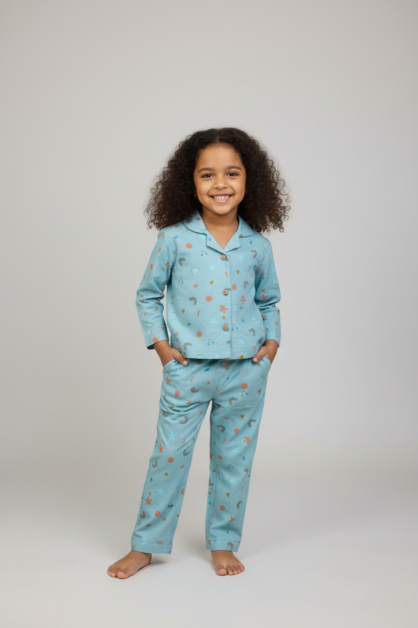Green Rayon Nightwear Set with Rainbow & Smiley Prints