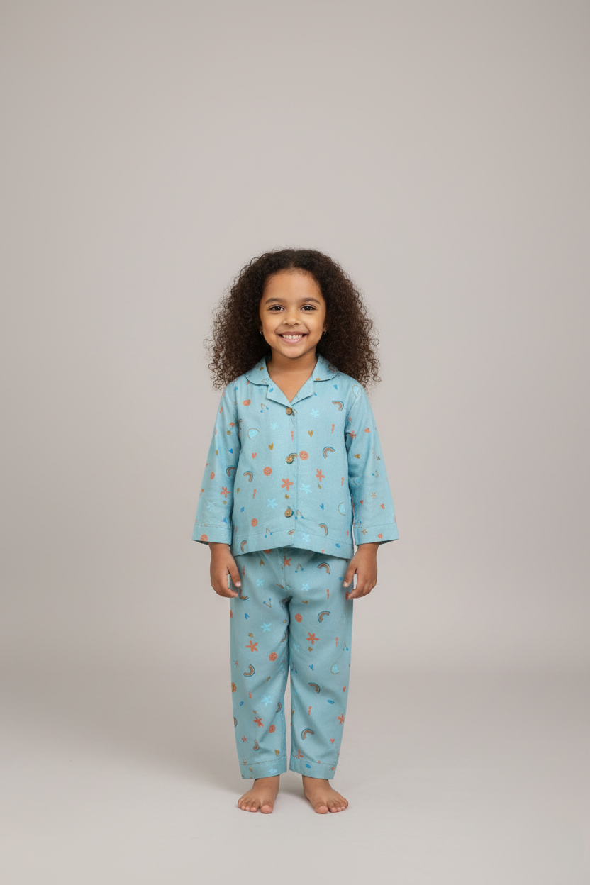 Green Rayon Nightwear Set with Rainbow & Smiley Prints