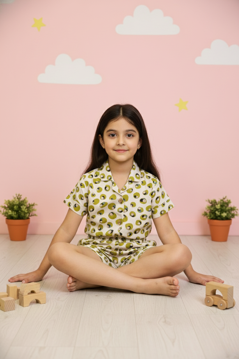 Soft Rayon Cord Set for Kids – Cream & Green Print