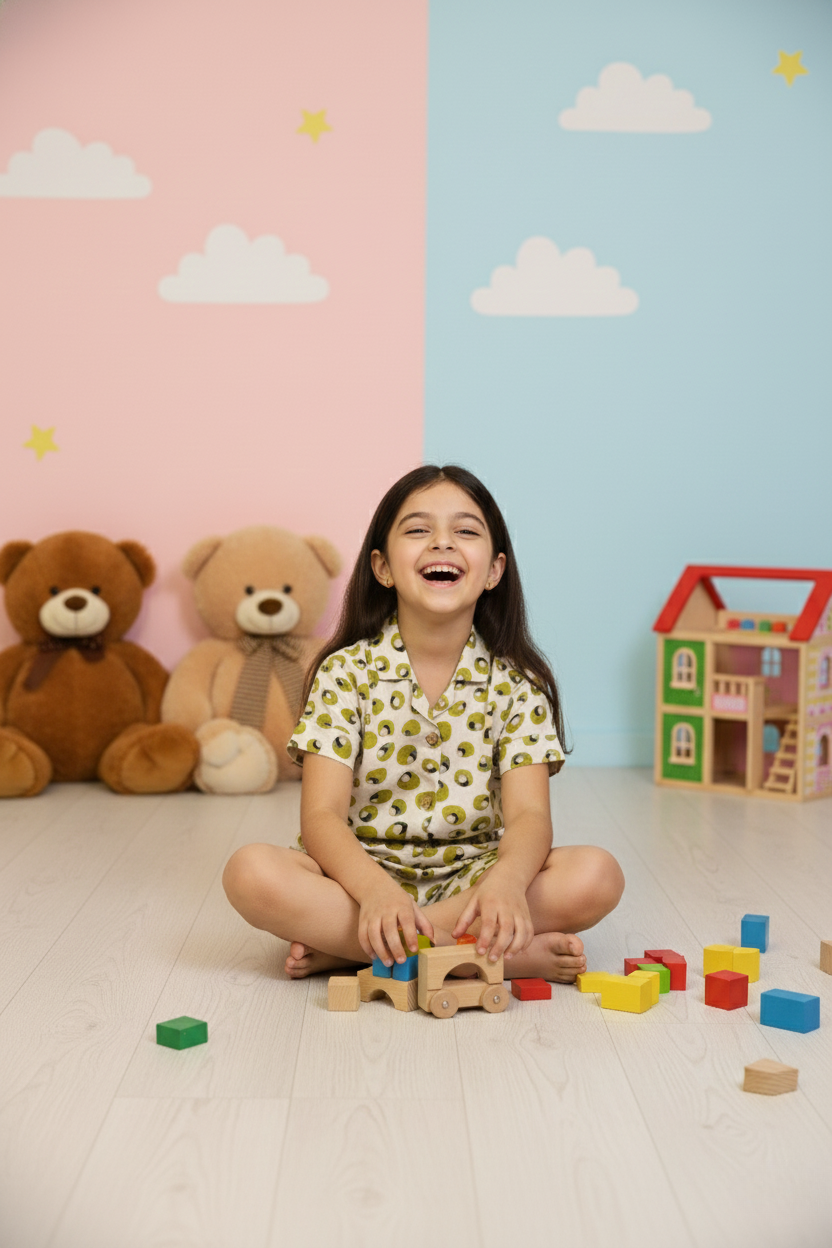 Soft Rayon Cord Set for Kids – Cream & Green Print