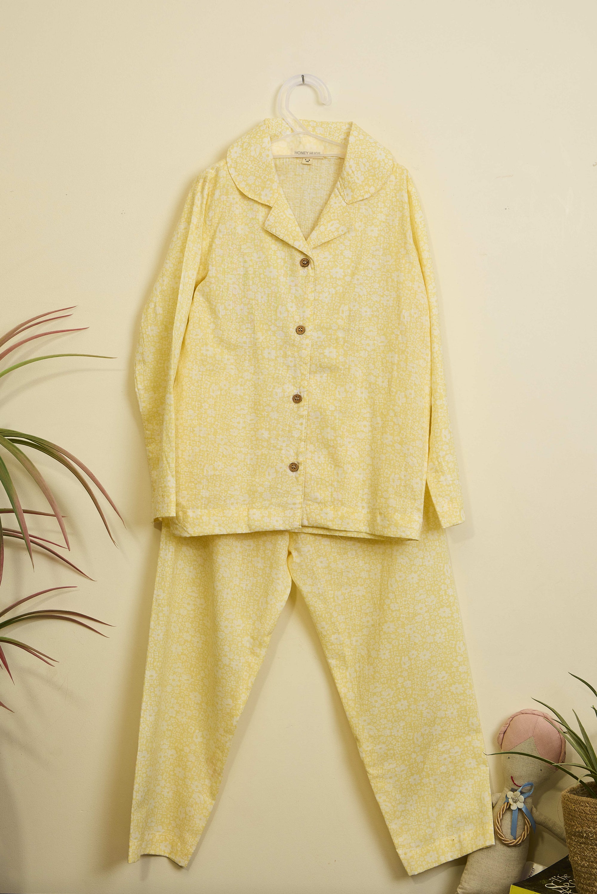 Golden Hour – Soft Yellow Floral Cotton Pajama Set for Kids