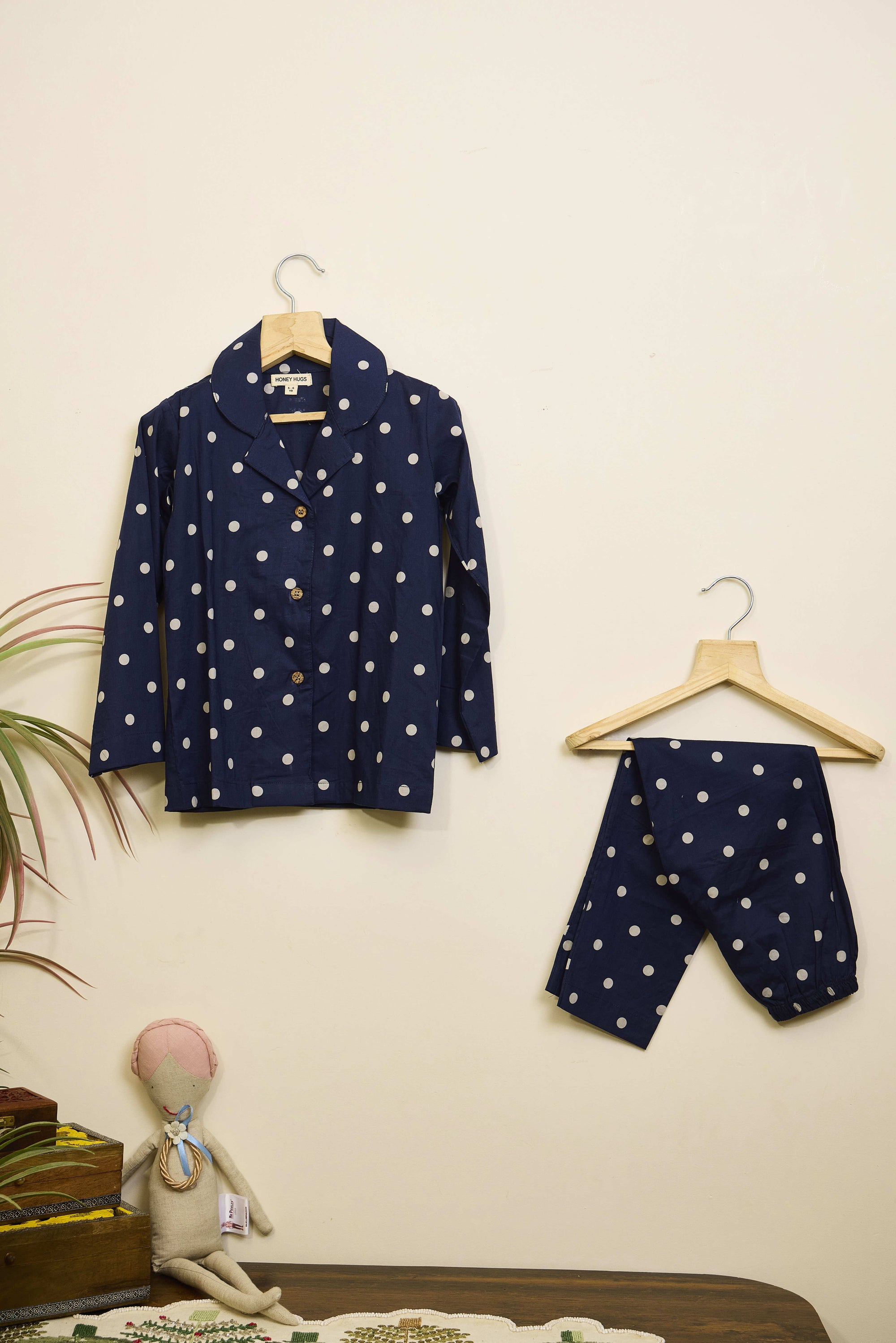 Dot About – Soft Navy Blue Polka Dot Cotton Pajama Set for Kids