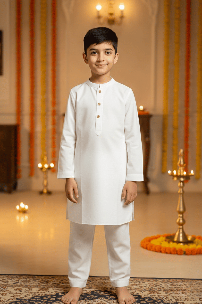 Young boy in a white kurta standing in a decorated indoor setting with candles and floral arrangements.