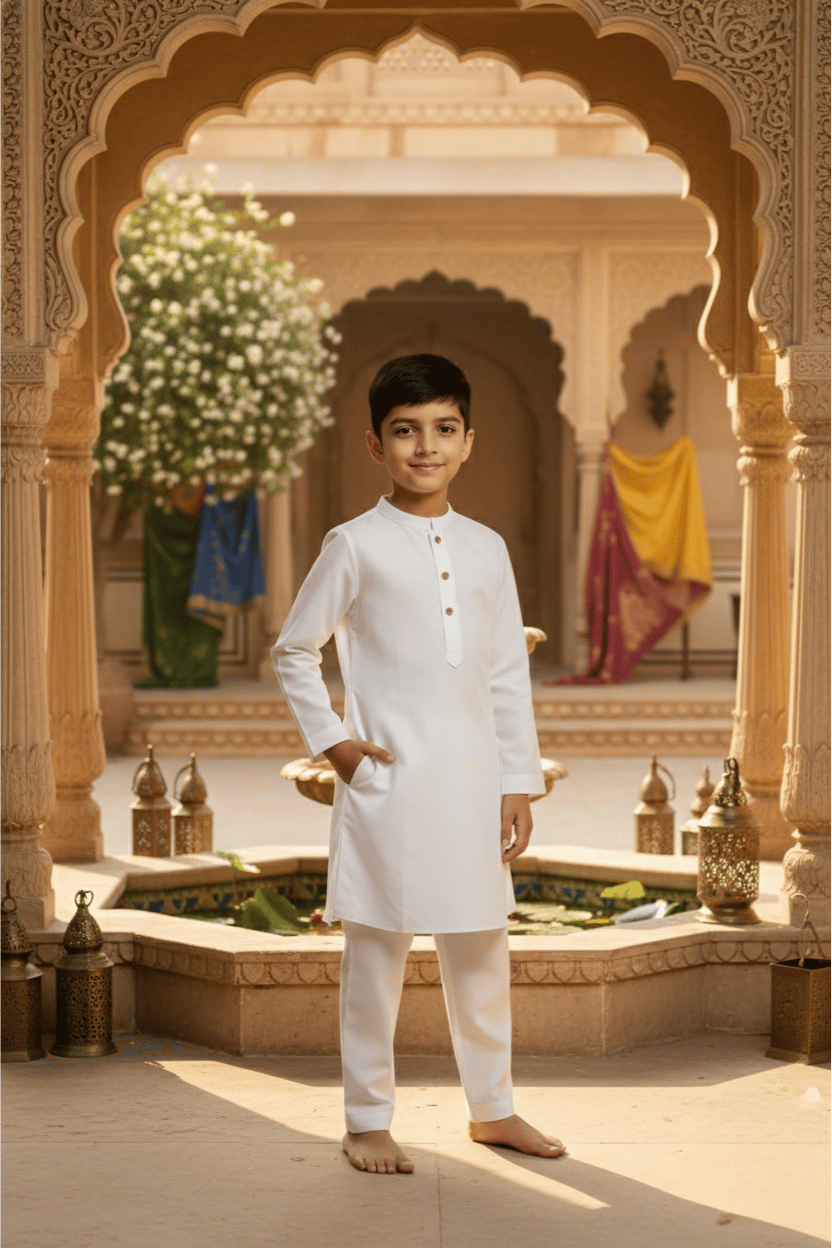 Young boy in a white traditional outfit standing in front of an ornate archway with decorative elements.