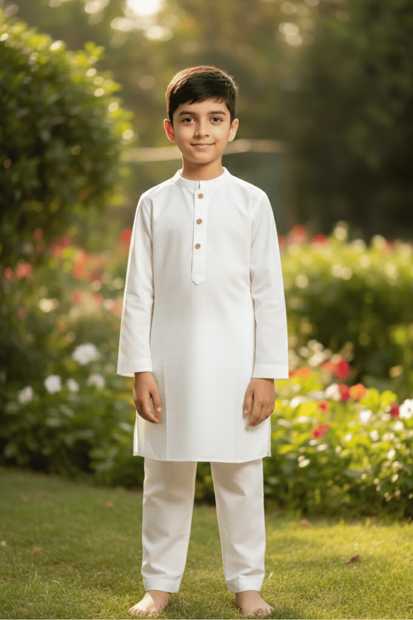 Young boy in a white traditional outfit standing in a garden with greenery and flowers.