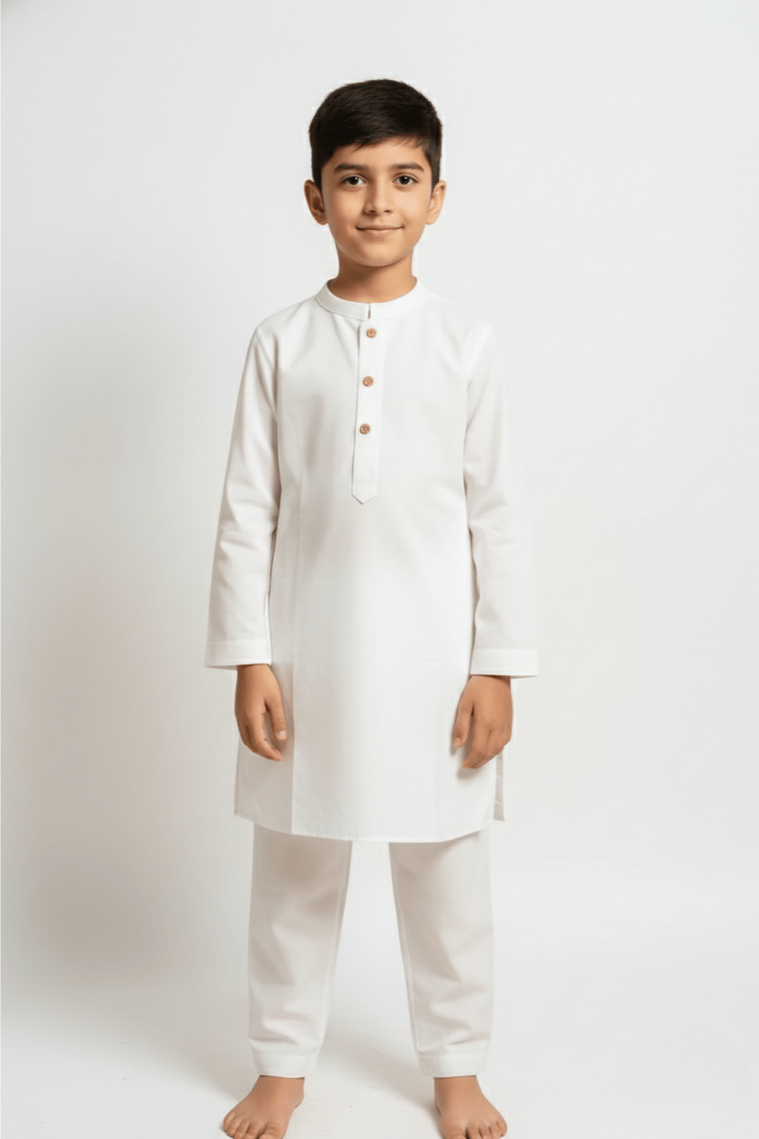 Young boy wearing a white traditional outfit on a white background