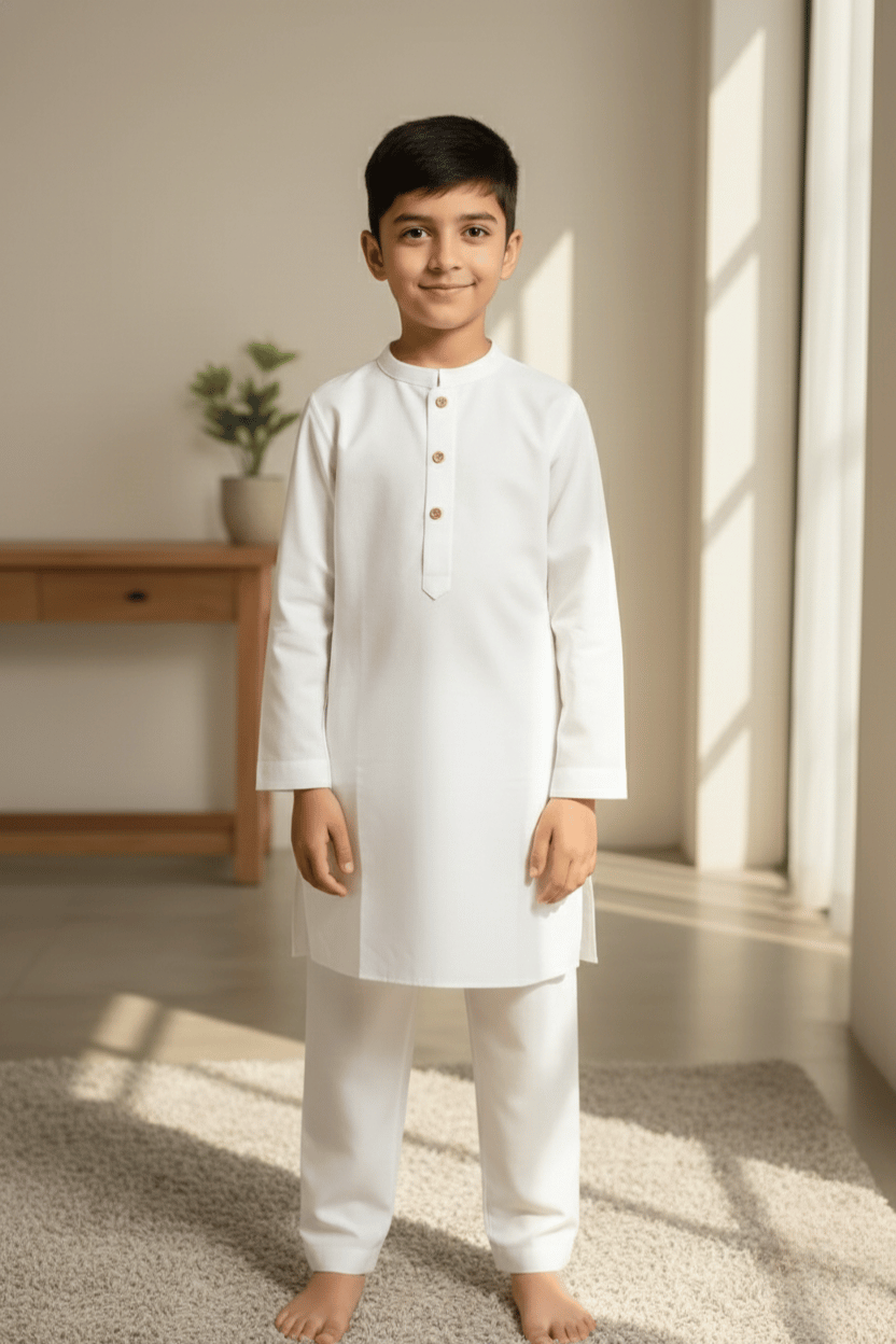 Young boy in a white traditional outfit standing in a bright room with sunlight streaming in.