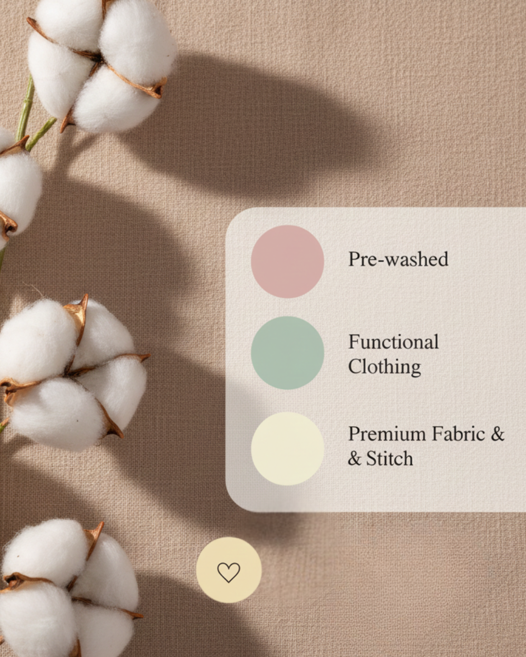 Cotton flowers on a textured surface with a label indicating 'Pre-washed', 'Functional Clothing', and 'Premium Fabric & Stitch'.