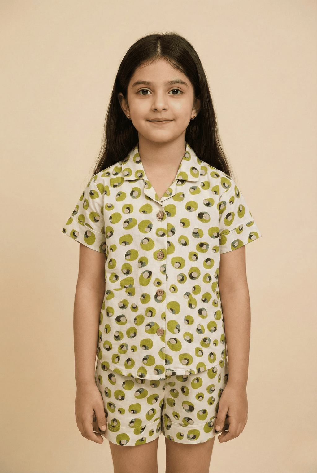 Soft Rayon Cord Set for Kids – Cream & Green Print