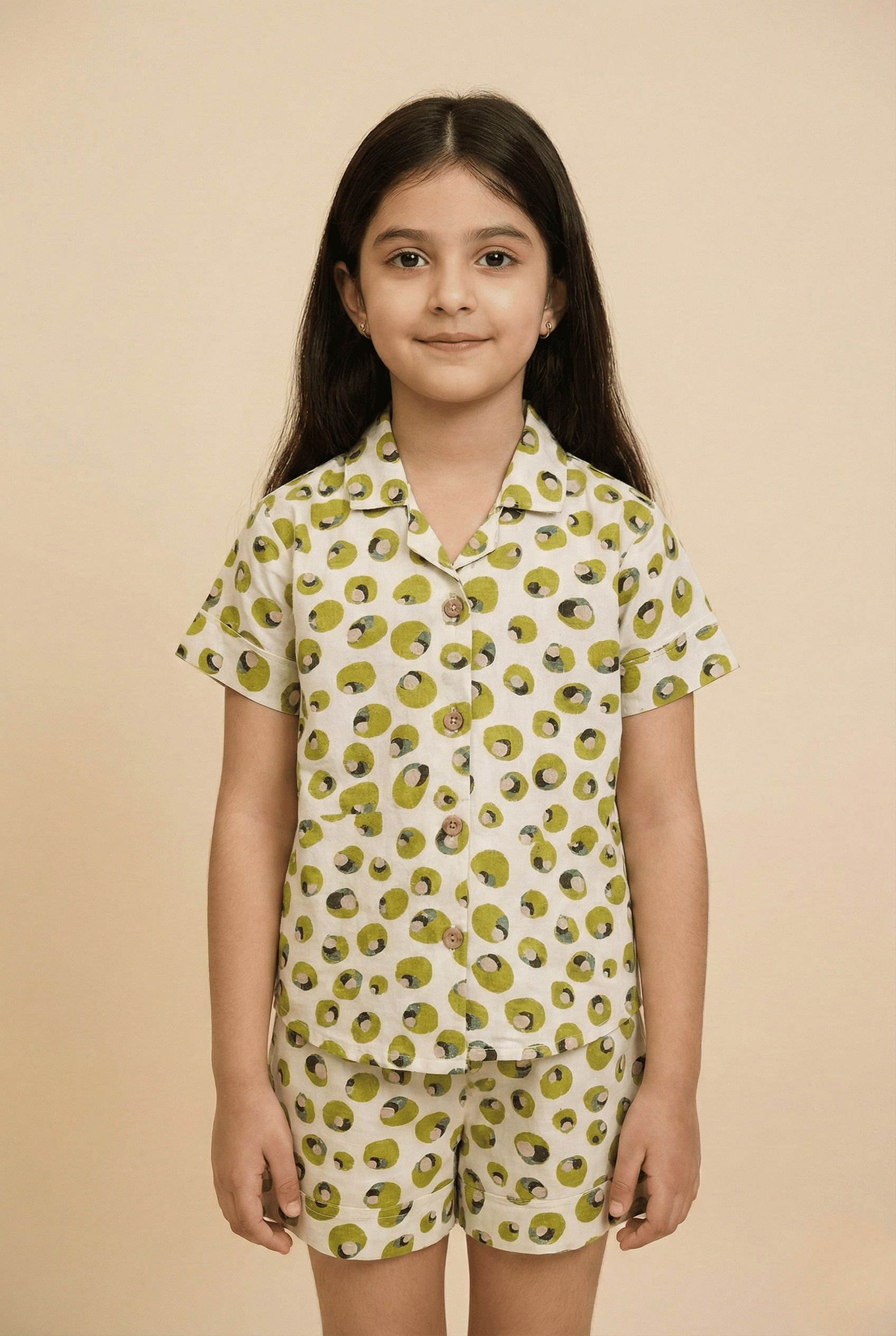 Soft Rayon Cord Set for Kids – Cream & Green Print