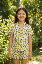 Soft Rayon Cord Set for Kids – Cream & Green Print