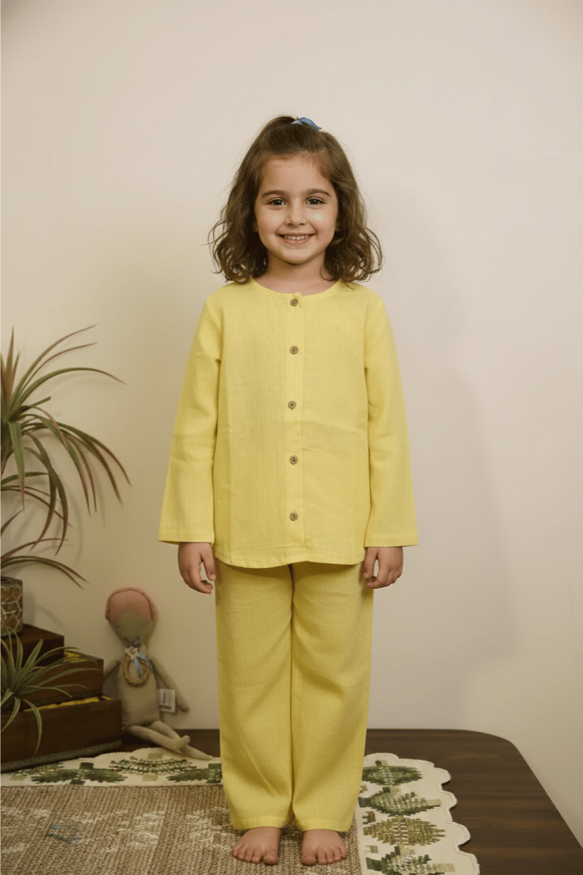 Sunrise Glow – Yellow Linen Kurta & Pant Set for Girls