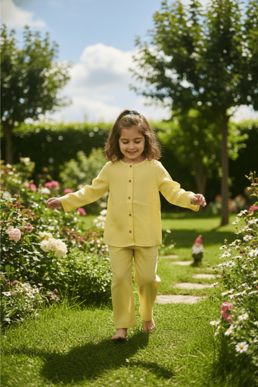 Sunrise Glow – Yellow Linen Kurta & Pant Set for Girls