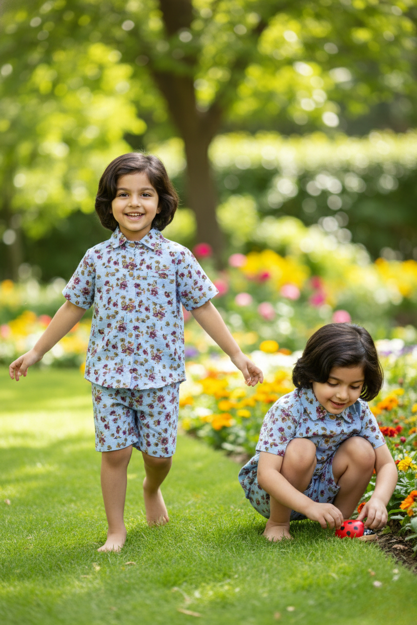 Two children in matching outfits playing in a garden with flowers and trees.