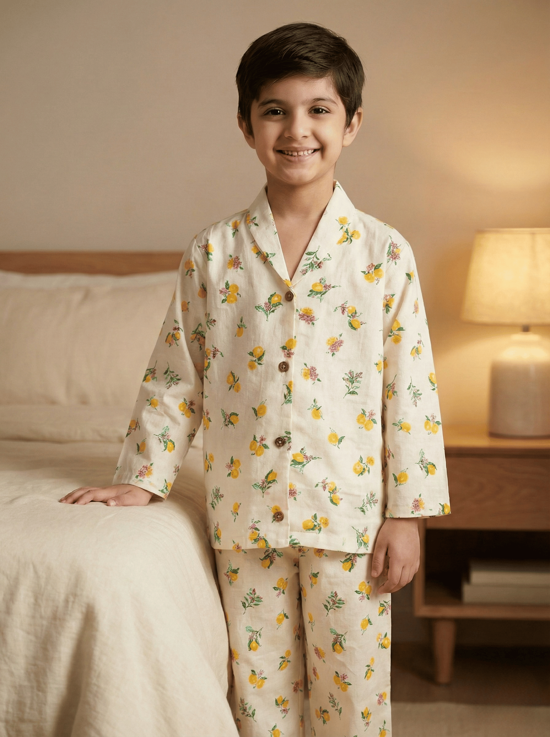 Child wearing a floral pajama set in a bedroom setting